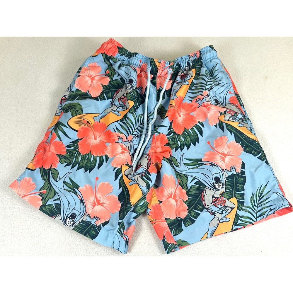 DC Comics Swim Trunks Kids XL 12/14 Blue Batman Surf Floral Tropical Superhero